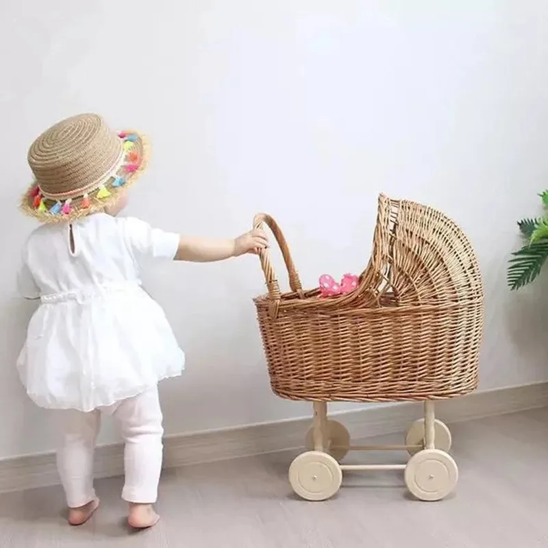 Baby Photography Props Retro Rattan Baby Stroller Toy Photo Studio Baby Doll Carriage Children\'s Room Decoration Baby Doll Cart