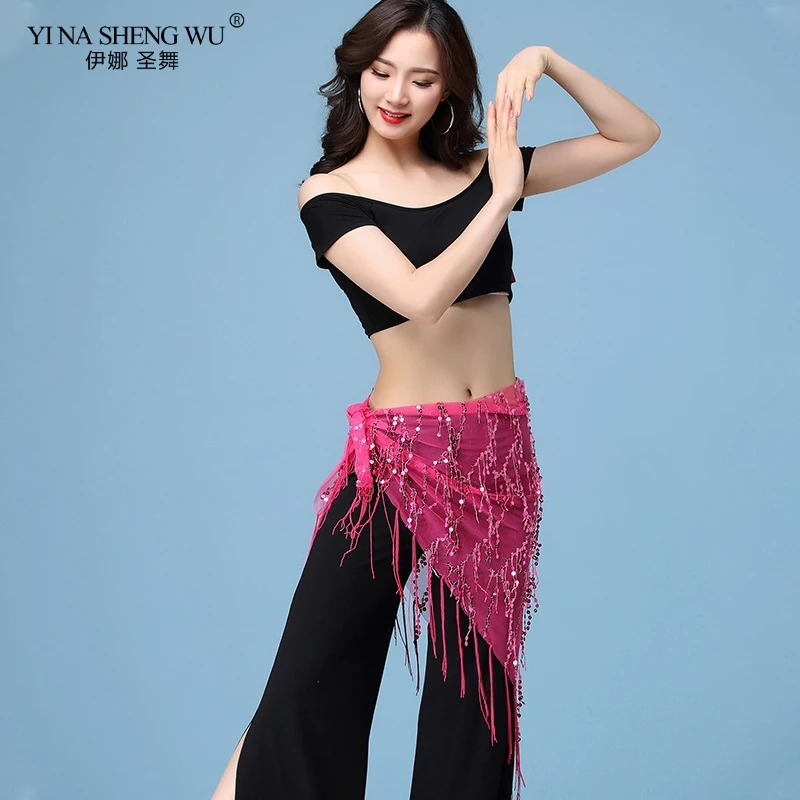 1pc Belly Dance Hip Scarf Stretchy Long Tassel Triangle Sequin Bellydance Costume Hip Scarf Shawl Accessories Performance Belt