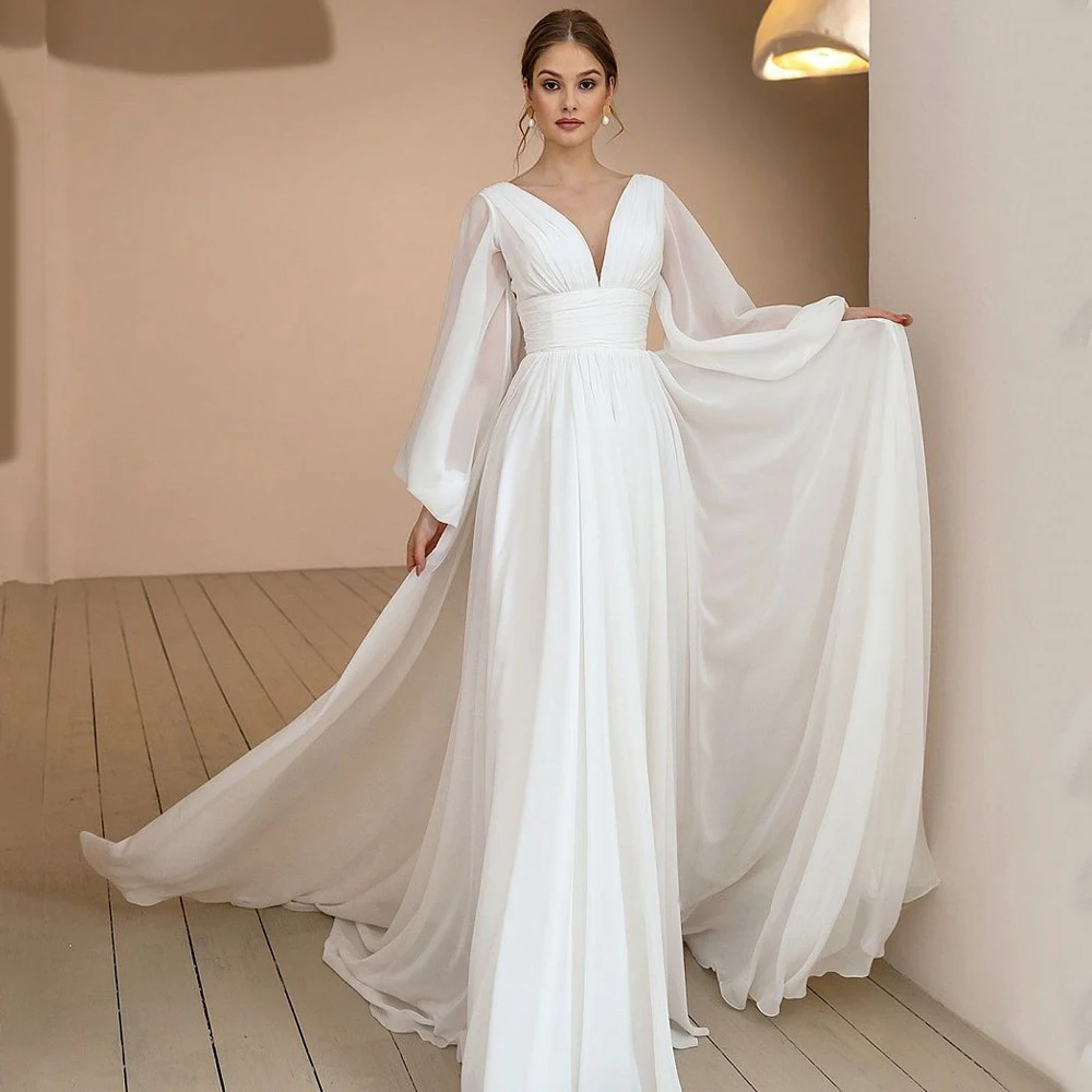 Sexy Puff Ärmeln Chiffon Boho Hochzeit Kleid 2021 V Neck Rüschen Drapped Einfache Sweep Zug Vestido Noiva Brautkleider