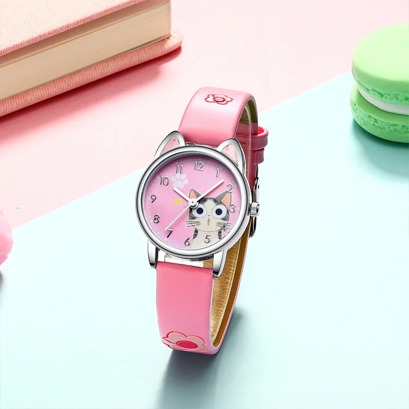 JOYROX Cute Cheese Cat Pattern Kids Watches Girls Quartz Analog Child Watches for Women Student Clock Gift Relogio Feminino