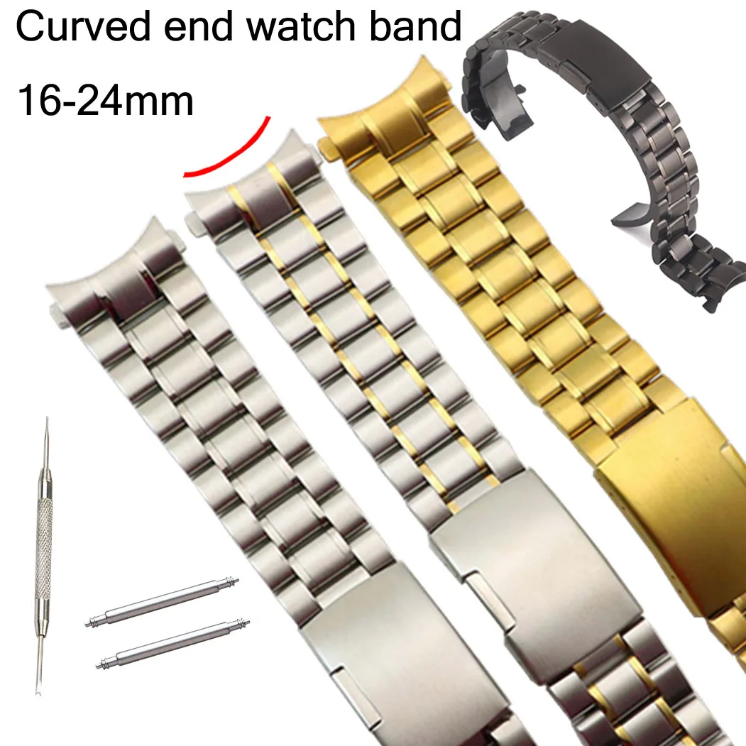 Curved End Stainless Steel Watchband Wrist Bracelet 16mm 18mm 20mm 22mm 24mm Watch Strap 5 Rows Silver Black Gold Metal Band