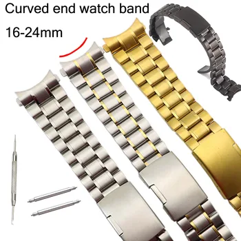 곡선 엔드 스테인레스 스틸 시계 밴드, 손목 팔찌, 시계 스트랩, 5 줄 실버 블랙 골드 메탈 밴드, 16mm, 18mm, 20mm, 22mm, 24mm 