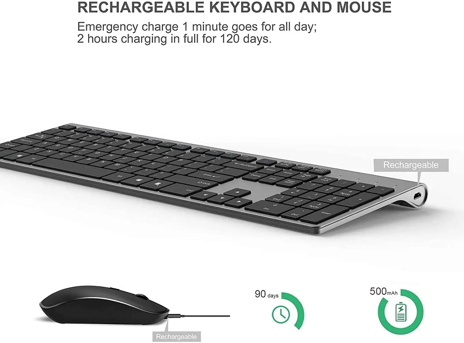 Ratón con teclado inalámbrico recargable, Mouse de tamaño completo de 2,4G, diseño fino y ergonómico y compacto para ordenador portátil, PC, escritorio y Windows