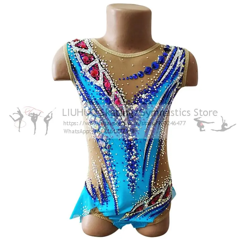 Custom Design Figure Skating Dress Blue Women's Girls Rhythmic Competition Unitard Ballet Dance Leotard Artistic Costume LIUHUO