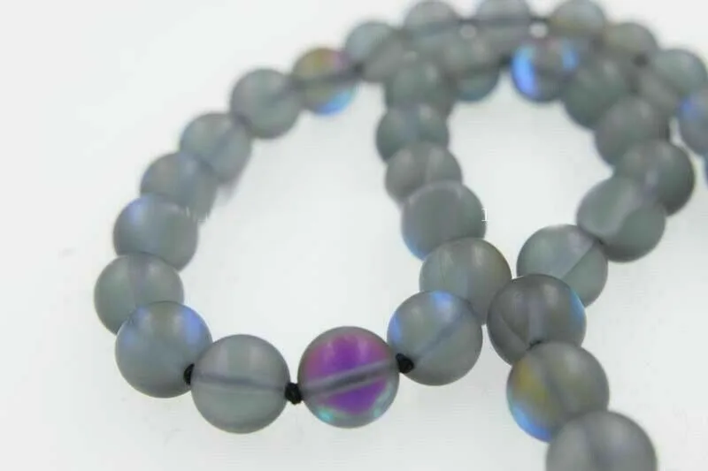 Natural 8mm Gray Gleamy Rainbow Moonstone Round Gemstone Beads Necklace 18