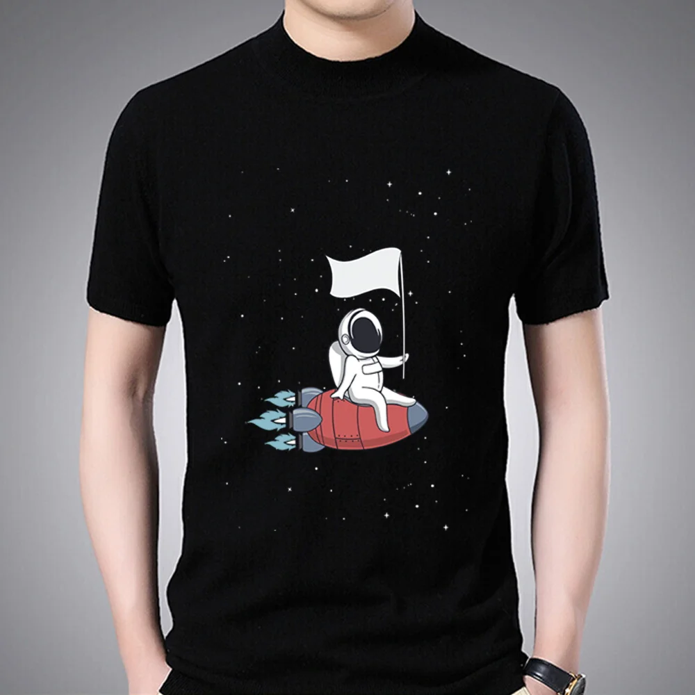 Fashion T-shirt Men\'s Classic Little Astronaut Printed Pattern Series All-match Casual O-neck Commuter Comfortable Top T-shirt