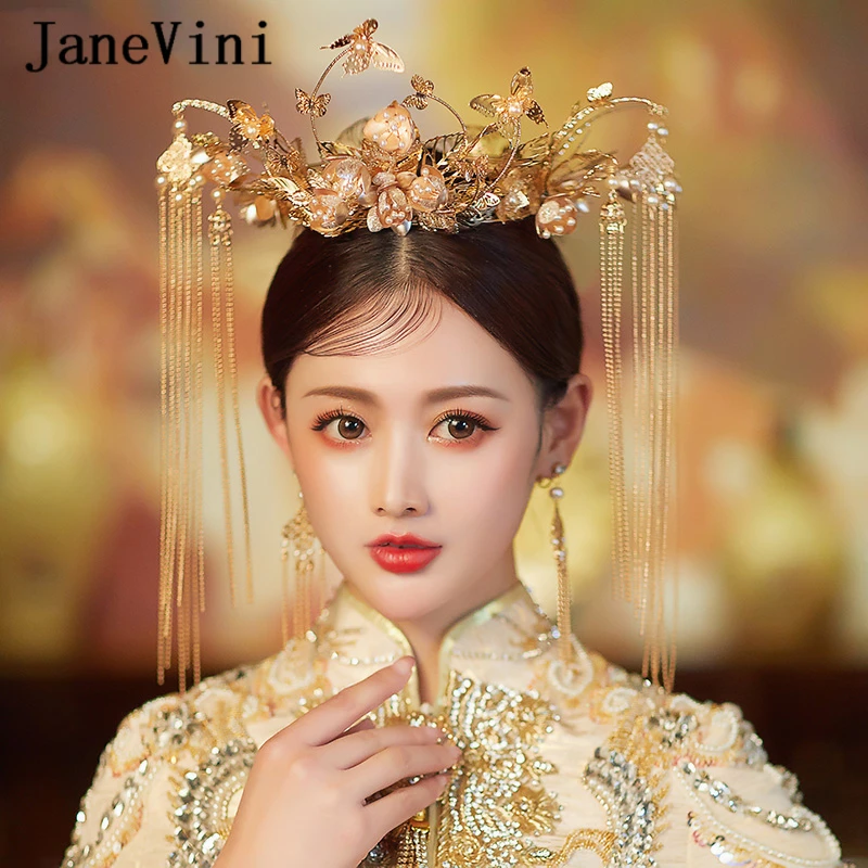 

JaneVini Luxury Chinese Bridal Headdress Gold Flowers Pearls Wedding Jewelry Crowns with Earrings Costume Stage Hair Accessories