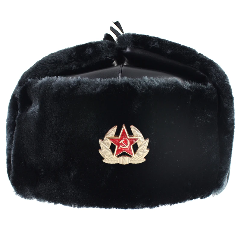 Soviet Army Military Badge Russia Ushanka PU Bomber Hats Pilot Trapper trooper Hat Winter Faux Fur Earflap Men Leather Snow Caps