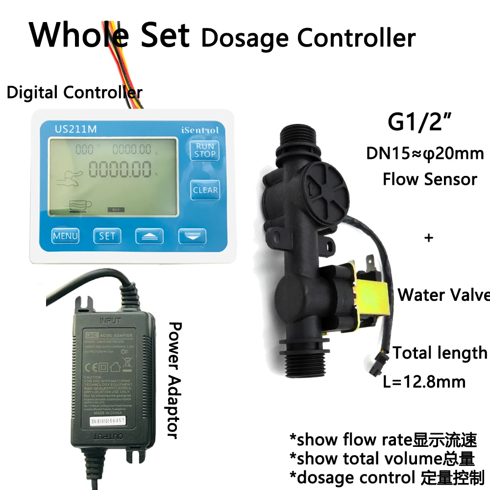 

US211M-USN-HS21TX Dosage Machine Quantitative Controller Water Flow Meter Sensor Reader 1-30L/min 24V with Sensor and Solenoid