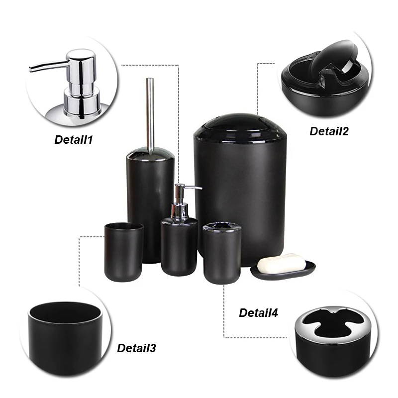 GOALONE 6Pcs/Set Luxury Bathroom Accessories Plastic Toothbrush Holder Cup Soap Dispenser Dish Toilet Brush Holder Trash Can Set