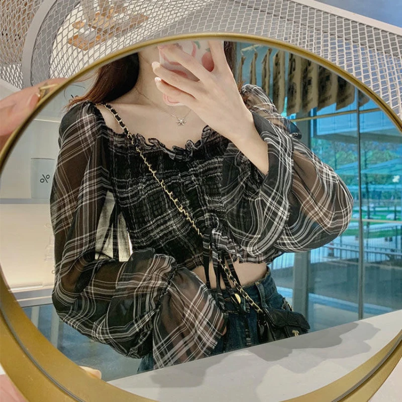 Blouses Women Plaid Square Collar Breathable Cropped Design Holiday Fashion Leisure Elegant All-match Popular Tender New Arrival