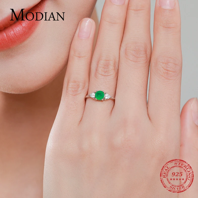 MODIAN Elegant Simple Round Emerald Ring Authentic 925 Sterling Silver Classic Charm Finger Rings For Women Statement Jewelry