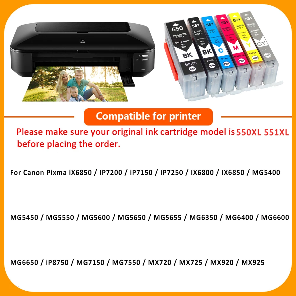 For Canon Ink Cartridges PGI-550Bk CLI-551BK CLI-551C CLI-551M CLI-551Y CLI-551GY PIXMA iP8750, MG6350, MG7150, MG7550, MX925