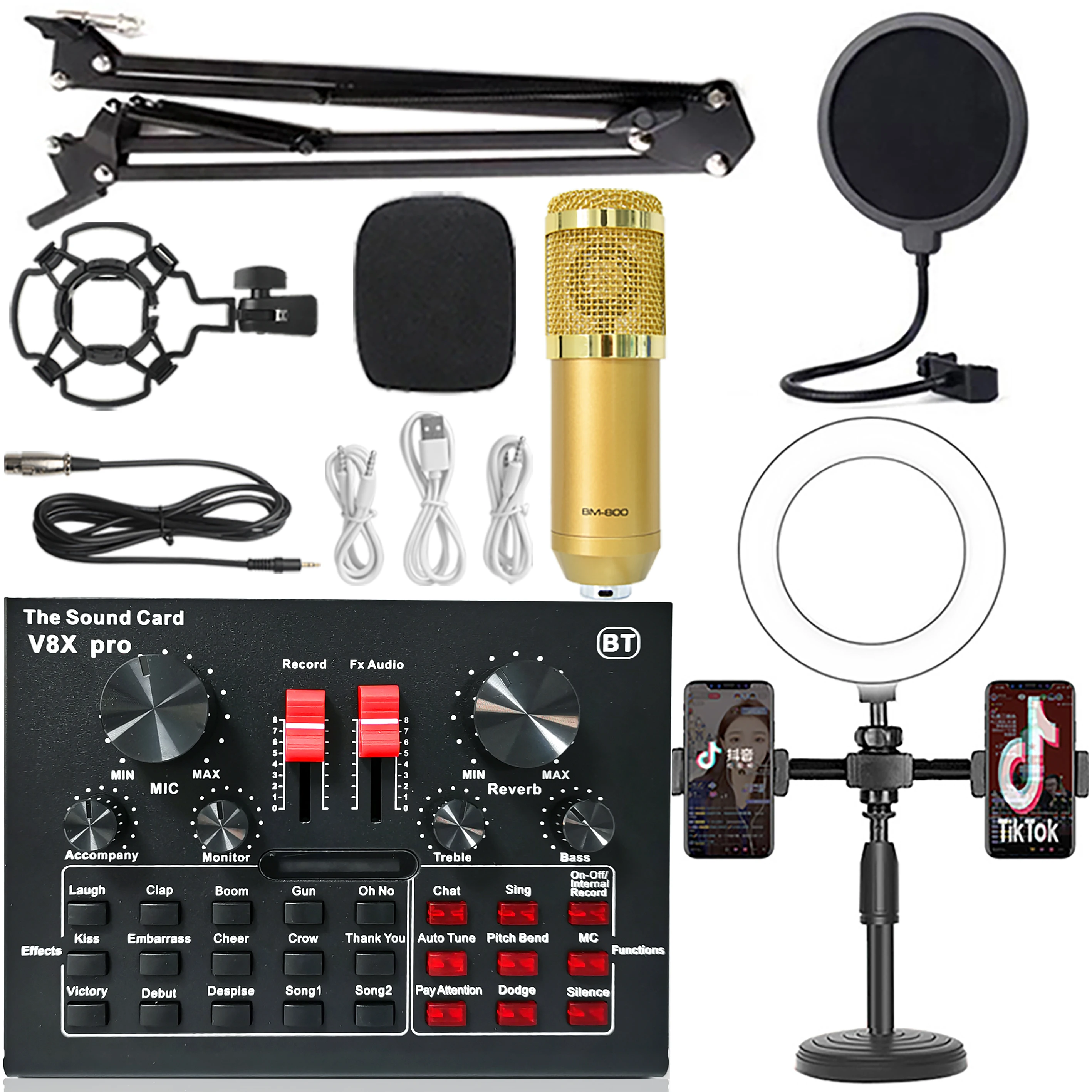 V8X برو كارت الصوت استوديو خلاط الغناء الحد من الضوضاء المحمولة ميكروفون صوت BM800 البث المباشر للهاتف سجل الكمبيوتر
