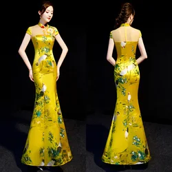 Sexy Slim improved cheongsam Appliques Embroidery Crane Mermaid Dress Chinese evening dress Vestidos Size S-XXL