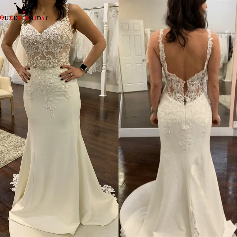 Sexy Wedding Dresses Mermaid Sheath Tulle Lace Appliques Crystal Belt 2023 New Design Bride Gowns Custom Made JY65