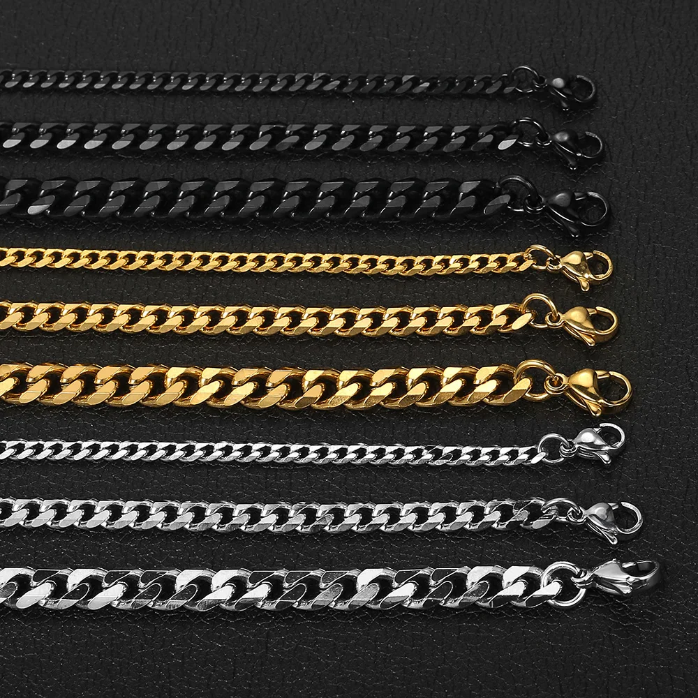 Gold Color Stainless Steel Curb Chain Necklace for Men Women 3 TO 11 MM Neck Chain Choker Vintage Jewelry