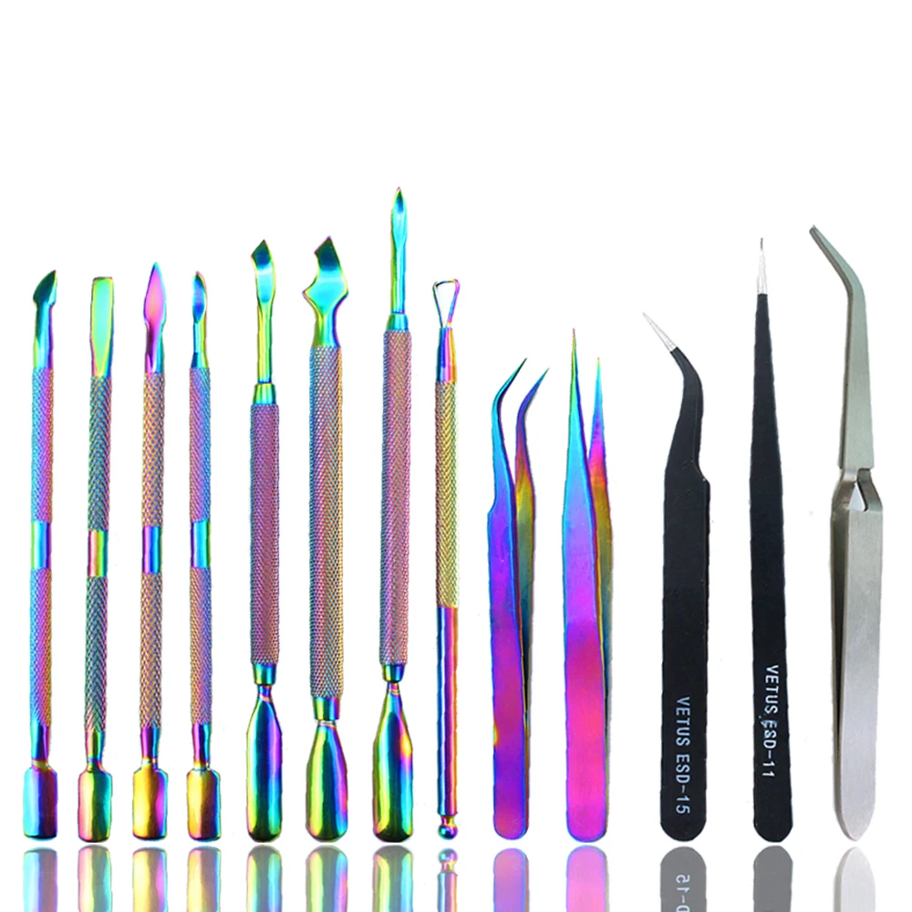 Rainbow Cuticle Pusher Dual-end Stainless Steel Dead Skin Remover Scissor Black Eyelash Tweezers UV Gel Remove Tools