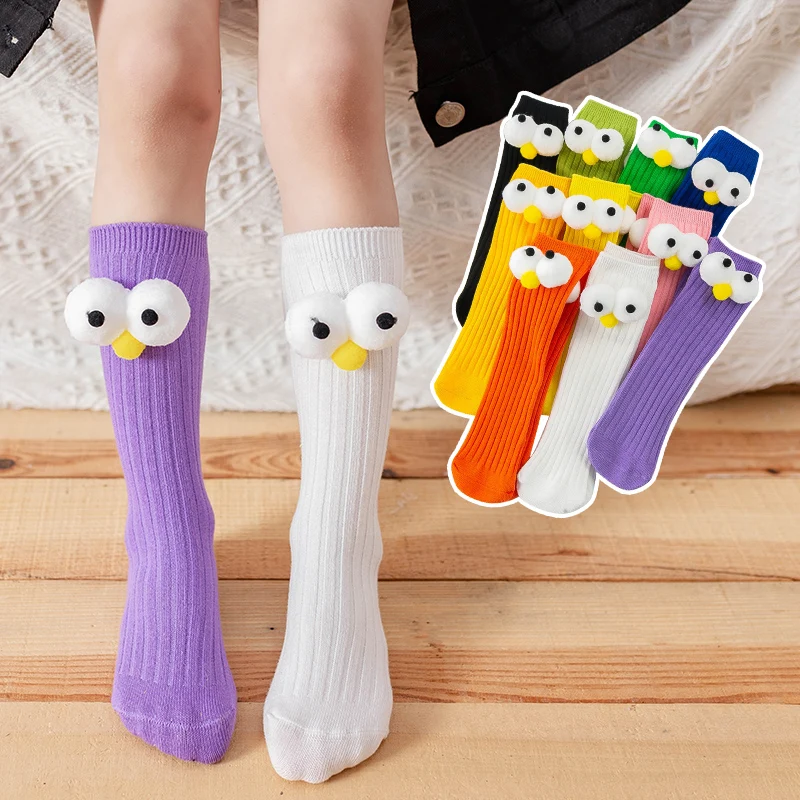 

3-12Y children candy color three-dimensional big eyes socks cotton warmer Breathable long socks multicolor over knee high socks