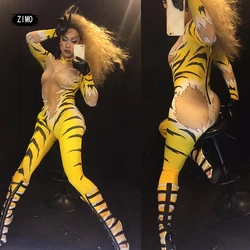 fashion jumpsuit women long sleeve sexy stage Outfit Tiger print Queen Nightclub DS Halloween Costumes Singers pole dance wear