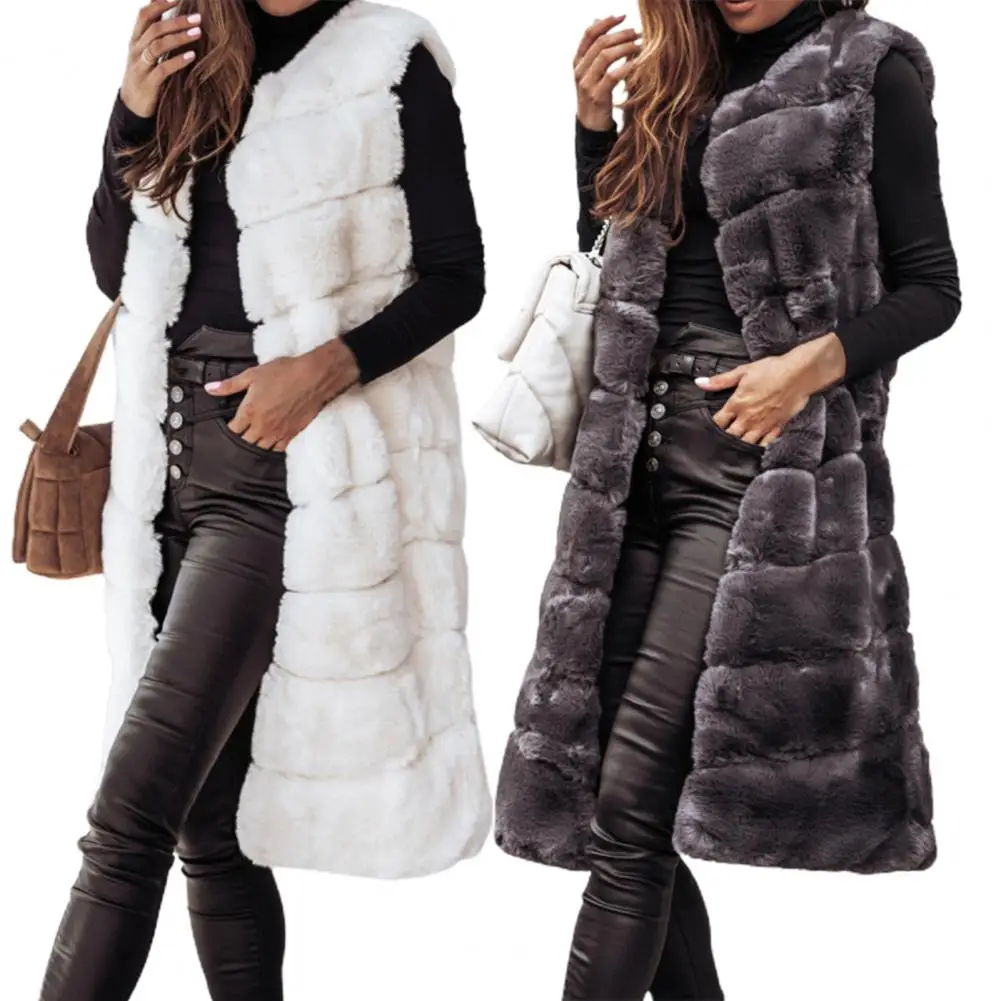 2021 Women Vest Coat Faux Fur Horizontal Stripe Open Stitch Long Winter Jacket Sleeveless Solid Round Neck Thick Outerwear Daily