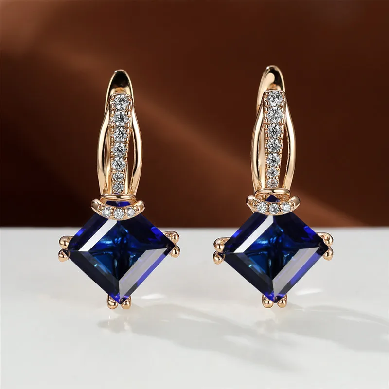 Royal Blue Zircon Hoop Earrings Luxury Crystal Square Stone Earrings Rose Gold Color Wedding Earrings For Women Fashion Jewelry