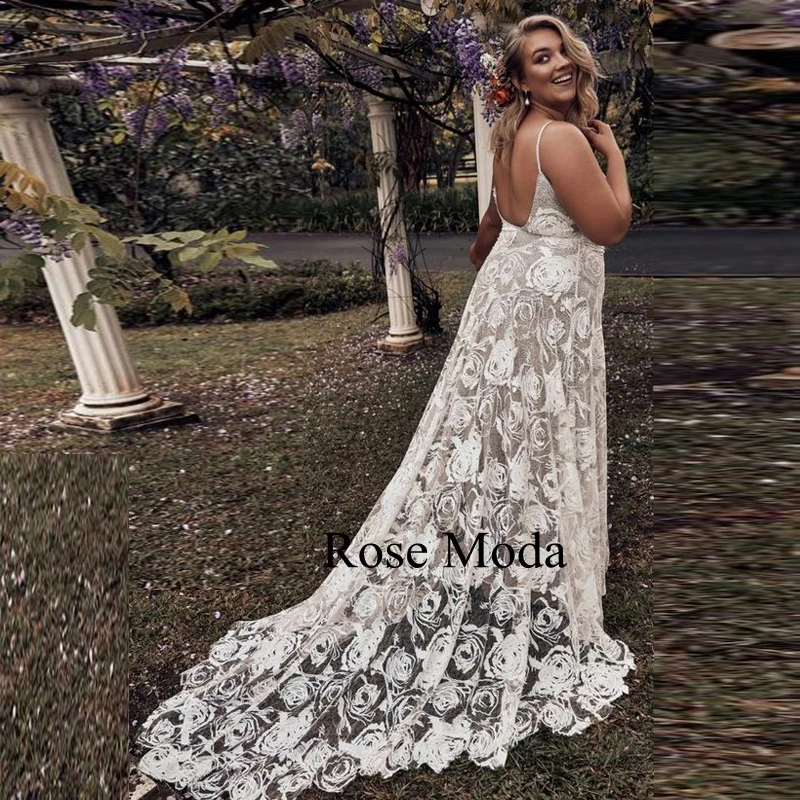 Rose Moda Thin Straps Backless Floral Lace Boho Wedding Dress with Slit Destination Bridal Gown Custom Make