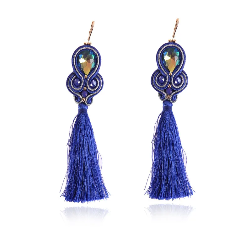 Fashion Handmade Colorful tassel earrings Ethnic boho Soutache Jewelry Women Long Drop Earring 2020 Trendy Crystal gray blue red