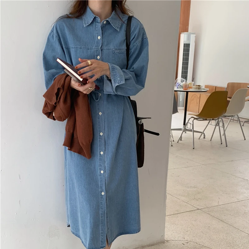 2021 New Women Autunm Shirt Denim Dresses Jeans Oversized Lace Up High Waist Elegant Vintage Fashionable Long Dresses DR9321