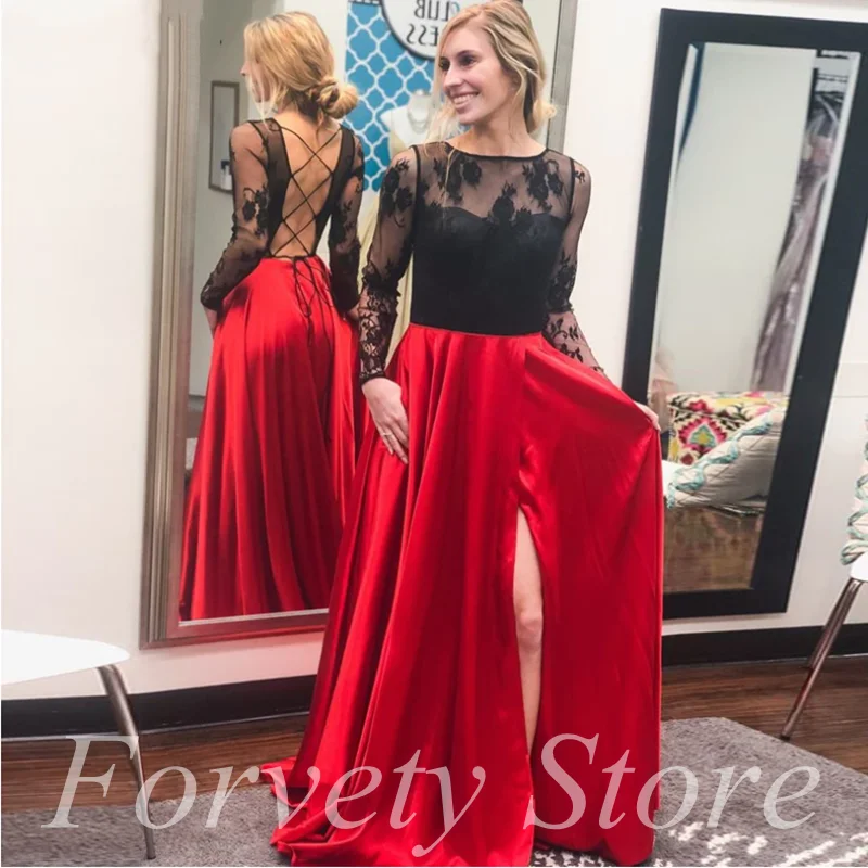 

Sheer Long Sleeves Prom Dresses Black Lace High Split Evening Party Gowns For Women Formal Satin Red Dress robe de soirée femme1