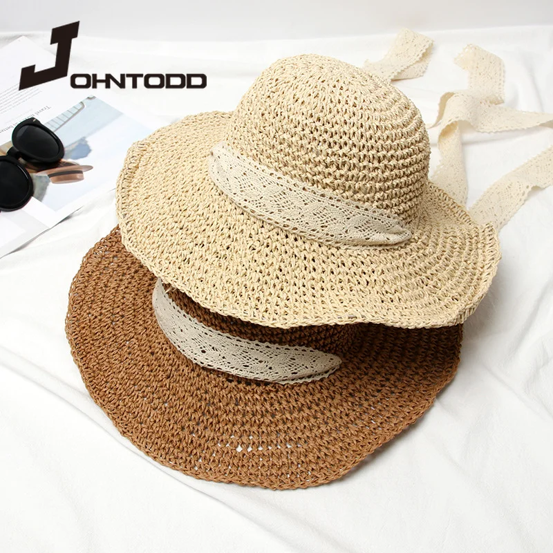 

2021 Fashion Women Summer Hats Straw Sun Hat Lady Girls Lace Ribbon Bow Panma Beach Hat Female Floppy Travel Folding Cap Chapeu