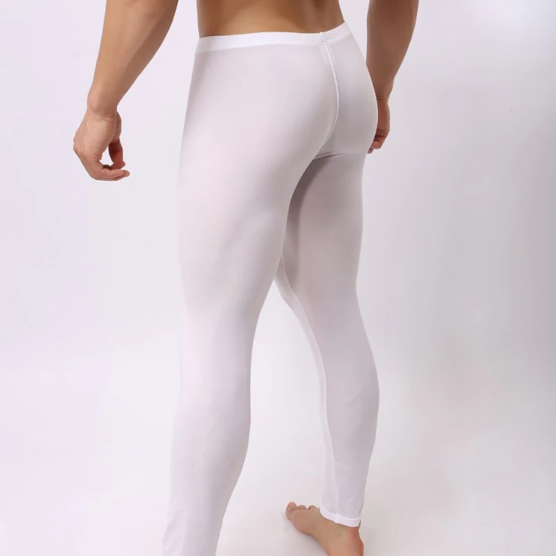 Sexy Mens Sleep Bottoms Ice Silk Ultra-thin Transparent Leggings Pants Penis Pouch Long Johns Lounge Pants Sleepwear Plus Size