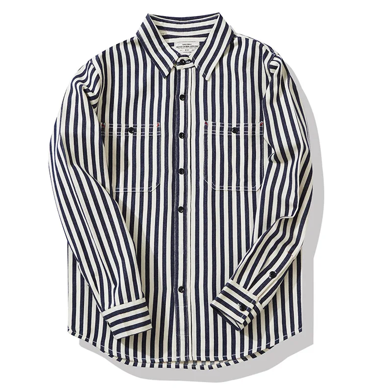 Amekaji Vintage Striped Work Shirt Men Spring Autumn New Washed Cotton Long Sleeve Workwear Shirts Streetwear Casual Couple Tops