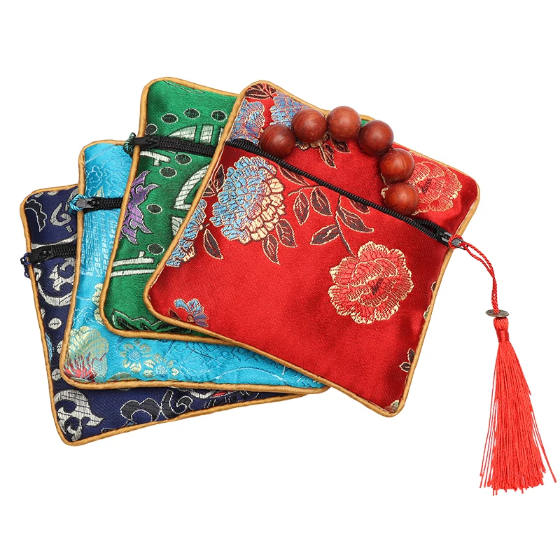 50pcs Custom High Quality Zipper Coin Purses Chinese Silk Brocade Pouches Wholesale Bracelet Gift Bags Jewelry Packaging