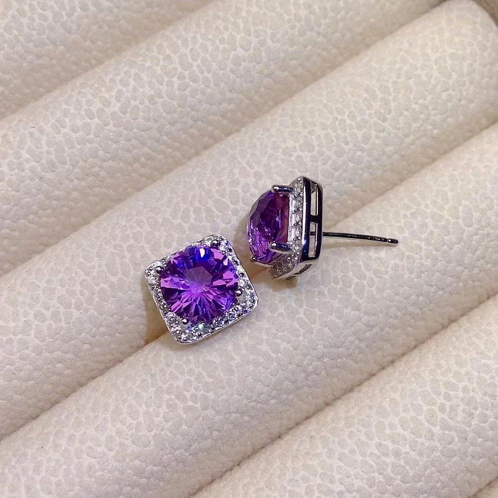 Dazzling Silver Amethyst Silver Earrings for Young Girl 8mm VVS Grade Natural Amethyst Earrings Simple Crystal Silver Earrings