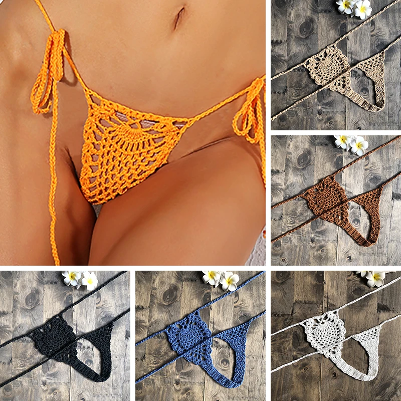 Micro Tanga de algodón para mujer, parte inferior de Bikini Sexy, traje de baño de ganchillo, Tanga de lazo lateral brasileño, 13 colores