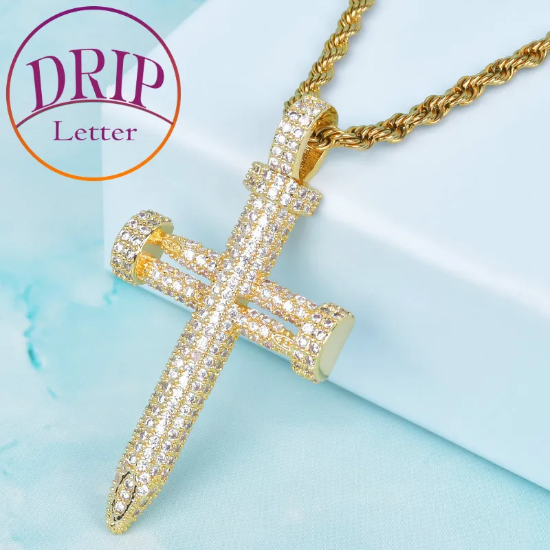 Nail Shape Cross Gold Color AAA Cubic Zirconia Men's Hip Hop Pendant Necklace Rock Street Jewelry