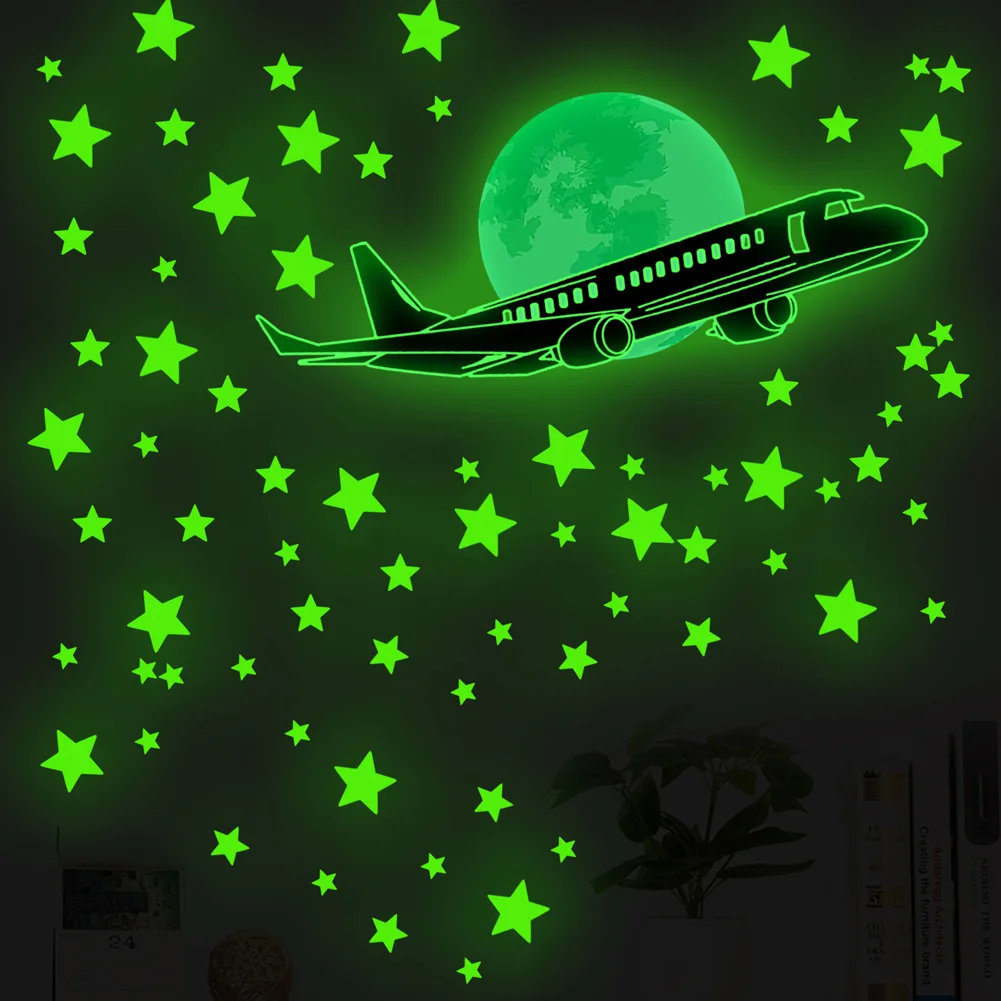 Pegatina de pared luminosa de avión, estrellas, Luna, dormitorio, sala de estar, calcomanías de decoración del hogar, papel tapiz de combinación que brilla en la oscuridad