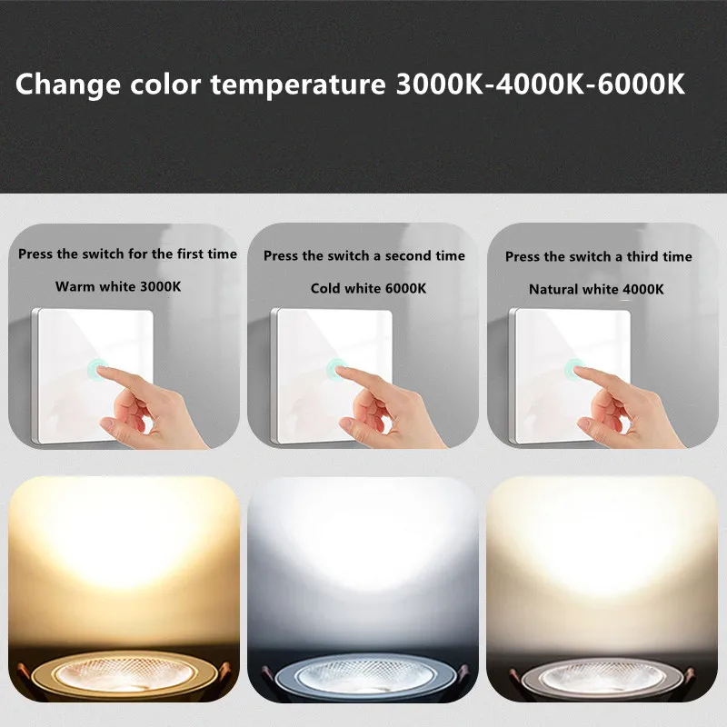 CCT 3 색 변환 LED COB 다운라이트, 천장 스포트라이트, 홈 장식 조명, 3000K, 4000K, 6000K, 5W, 7W, 9W, 12W, 15W, 18W, 20W