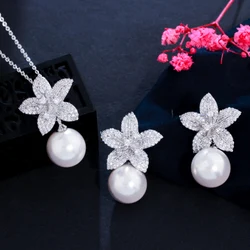 CWWZircons Lovely Cute Flower Cubic Zirconia Dangle Drop Pearl Pendant Necklace and Earrings Trendy Women Jewelry Sets Gift T565