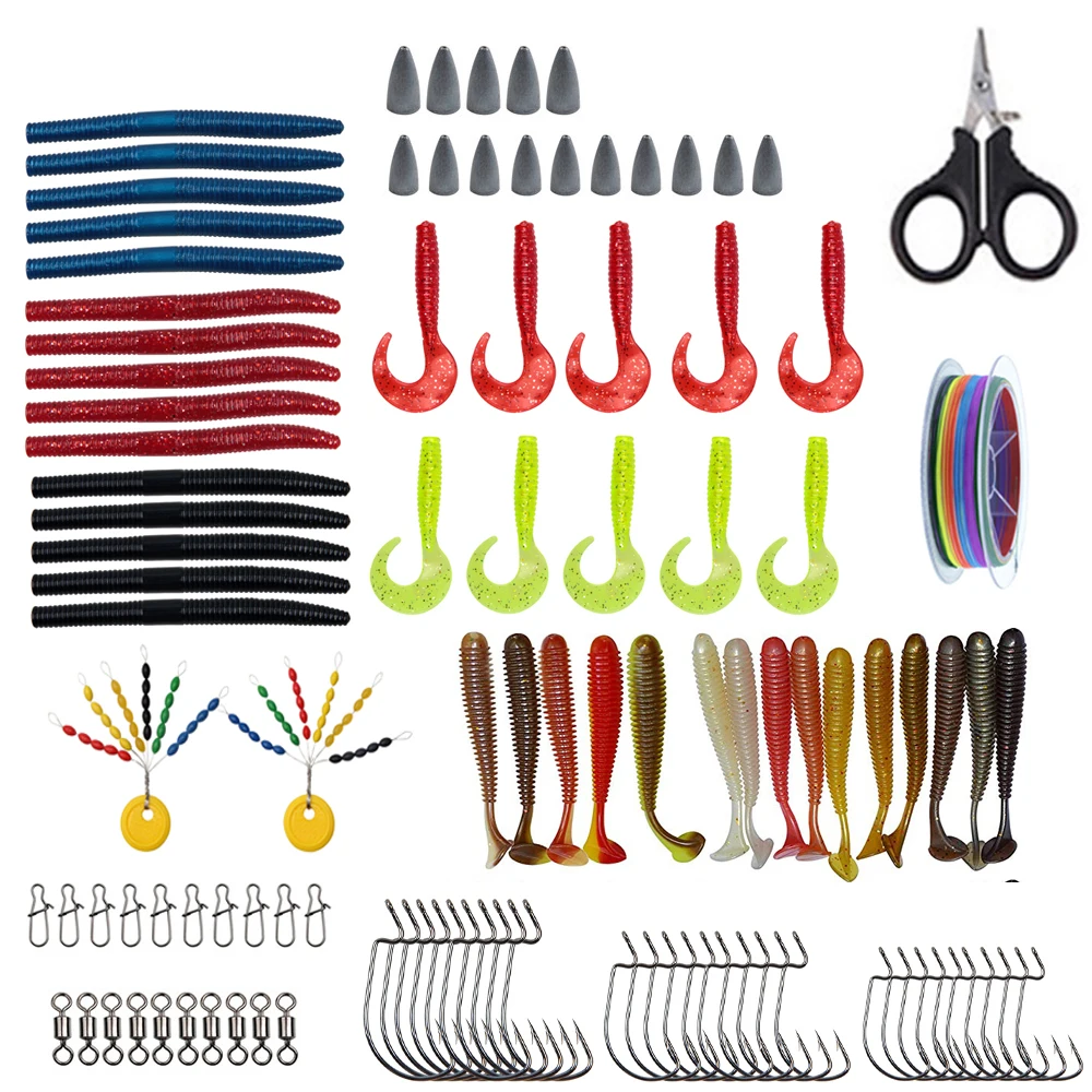 

109 шт. червяк приманка для рыбалки Техас установки Мягкие личинки приманки комплект со свинцовыми грузилами леска для воблер с джиг-головкой личинки рыболовная удочка