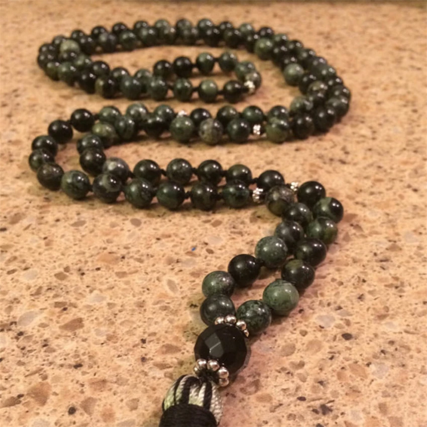 

8mm Flower green jasper Gemstone Tassel Mala necklace 108 Beads energy Tassel Reiki spirituality pray Stress Buddhist Healing