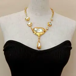 YYGEM Cultured White Keshi Flower Freshwter Pearl Gold color Chain pendant Necklace 20