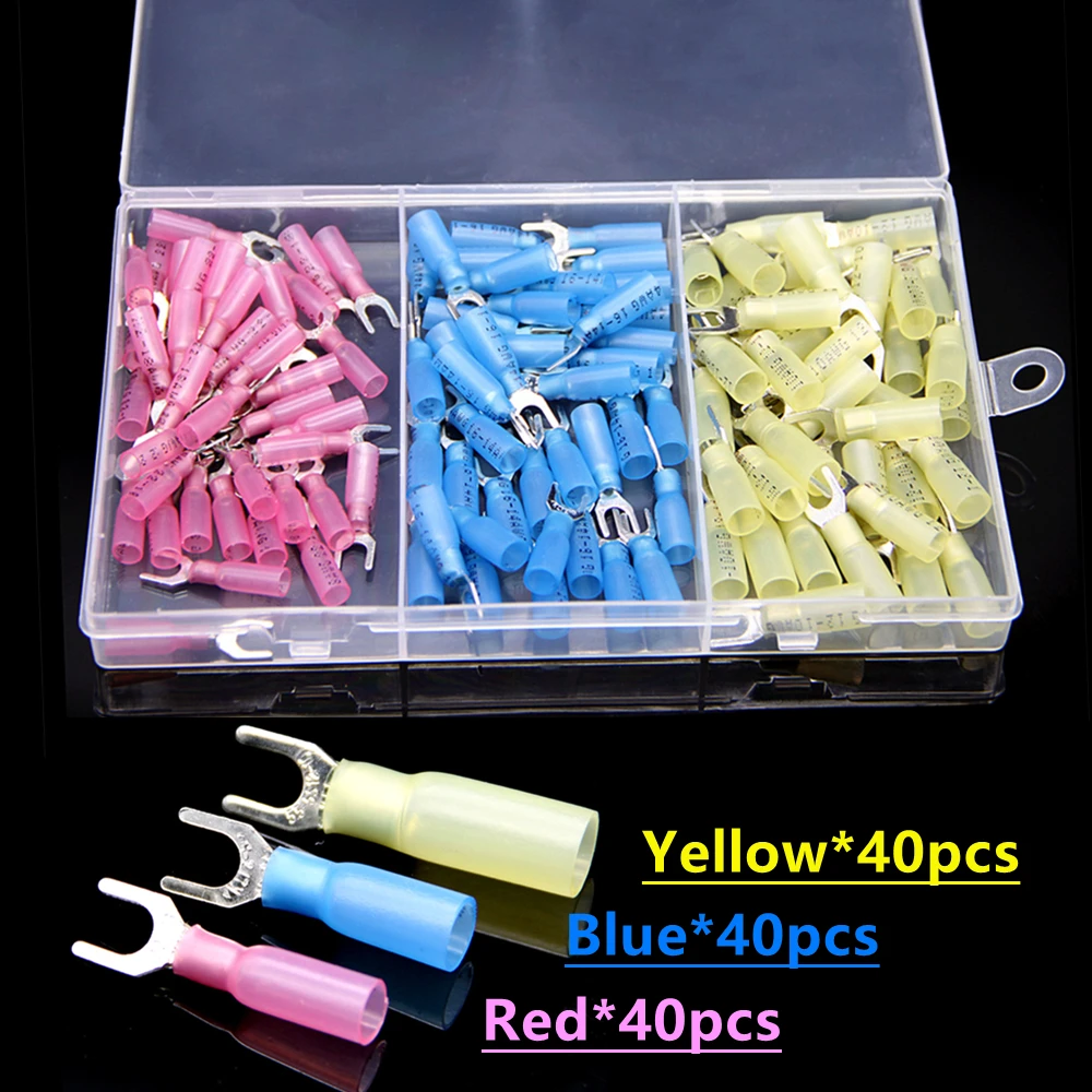 

120PCS Heat Shrink Spade Fork Wire Connector Seal U Shaped Electrical Crimp Terminal 22-10 AWG Mixed Kit