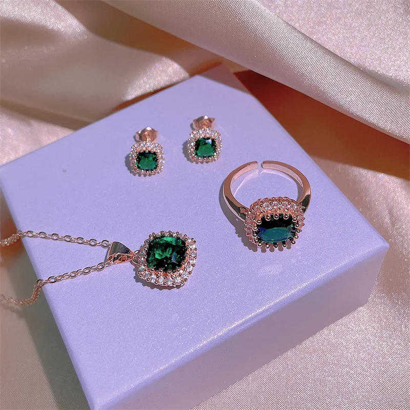 CC Fine Jewelry Set Stud Earrings For Women Party Accessories Green Zirconia Stone Rose Gold Plated Vintage Jewellery CCE781