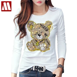 Women's T-shirts Harajuku Girls Tops Letter Rhinestones O-neck Long Sleeves Loose Summer Tshirt Bear White Tees Size  S-5XL