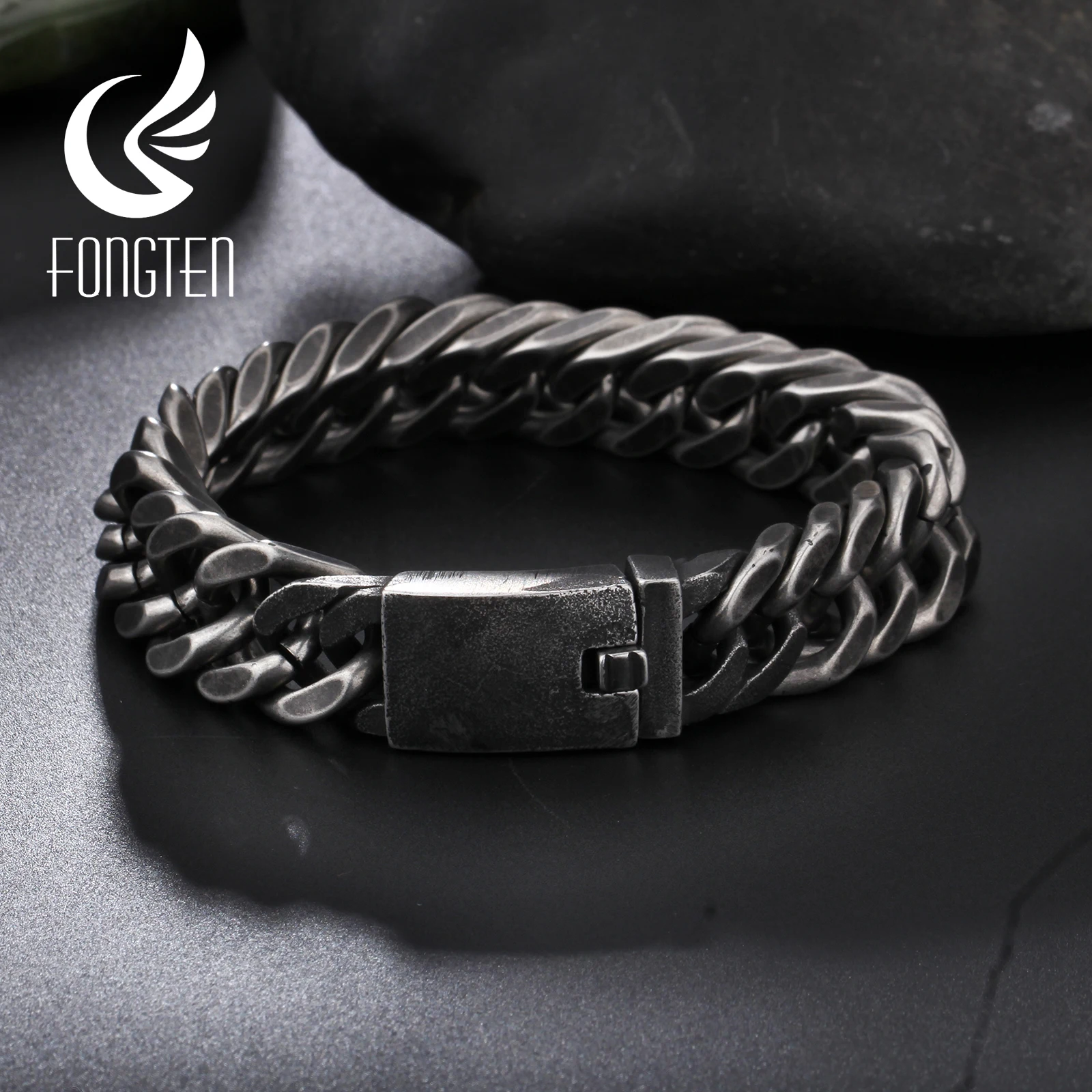 Fongten Retro Black Bracelet For Men Cuban Chain Stainless Steel Heavy Wide Curb Bracelets Bangle Male Jewelry Christmas Gift