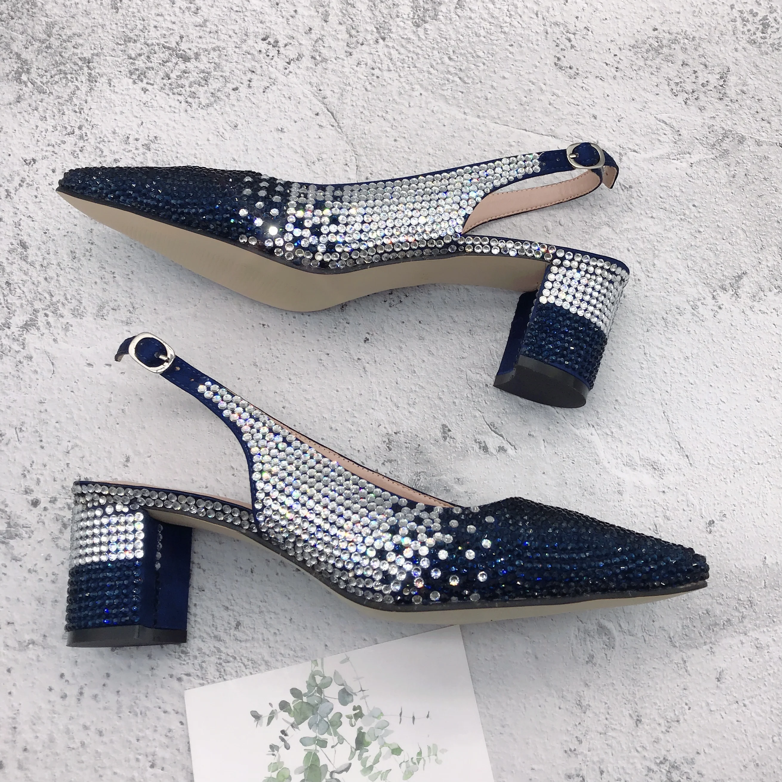 Custom Made Navy Blue Silver  Crystal African Shoes With Matching Bag Set SlingBacks Dress Pumps Big Size Low Heel Women Shoes