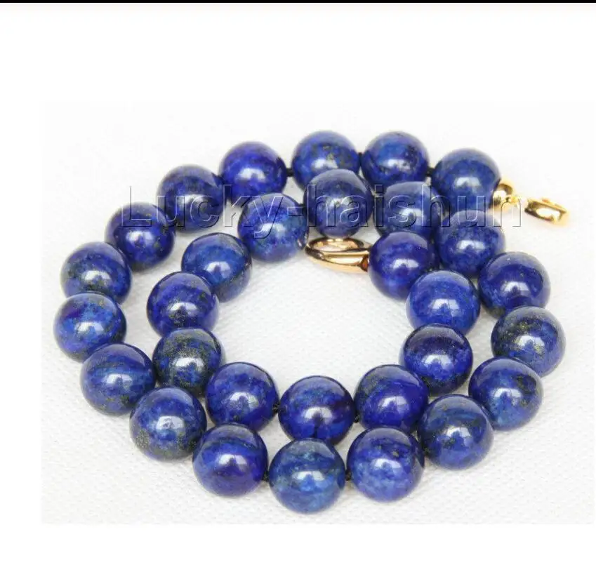 

Free shipping natural 18" 14mm round lapis lazuli necklace gold clasp