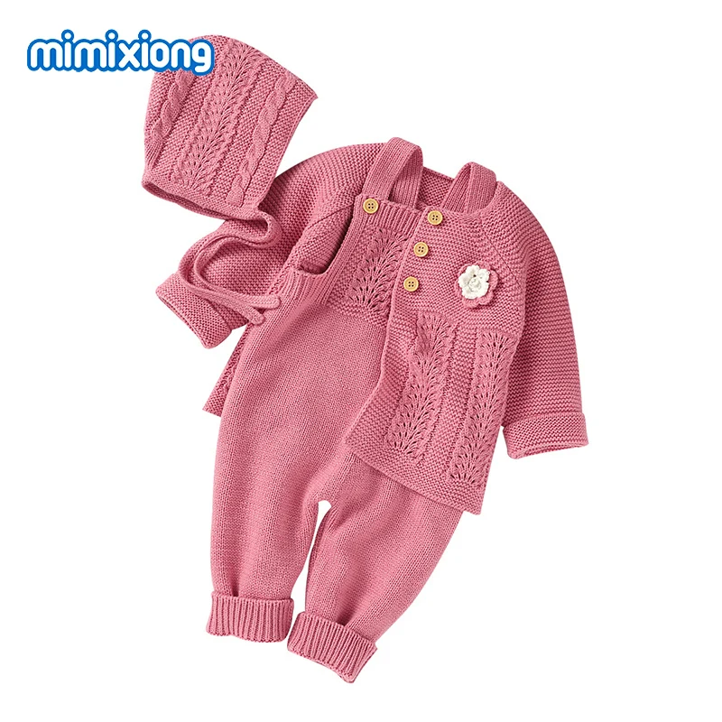 Baby Clothes Winter Warm Knitted Newborn Girls Rompers + Jackets + Hats 3pcs Outfits Sets Autumn Outerwear Toddler Kids Sweaters